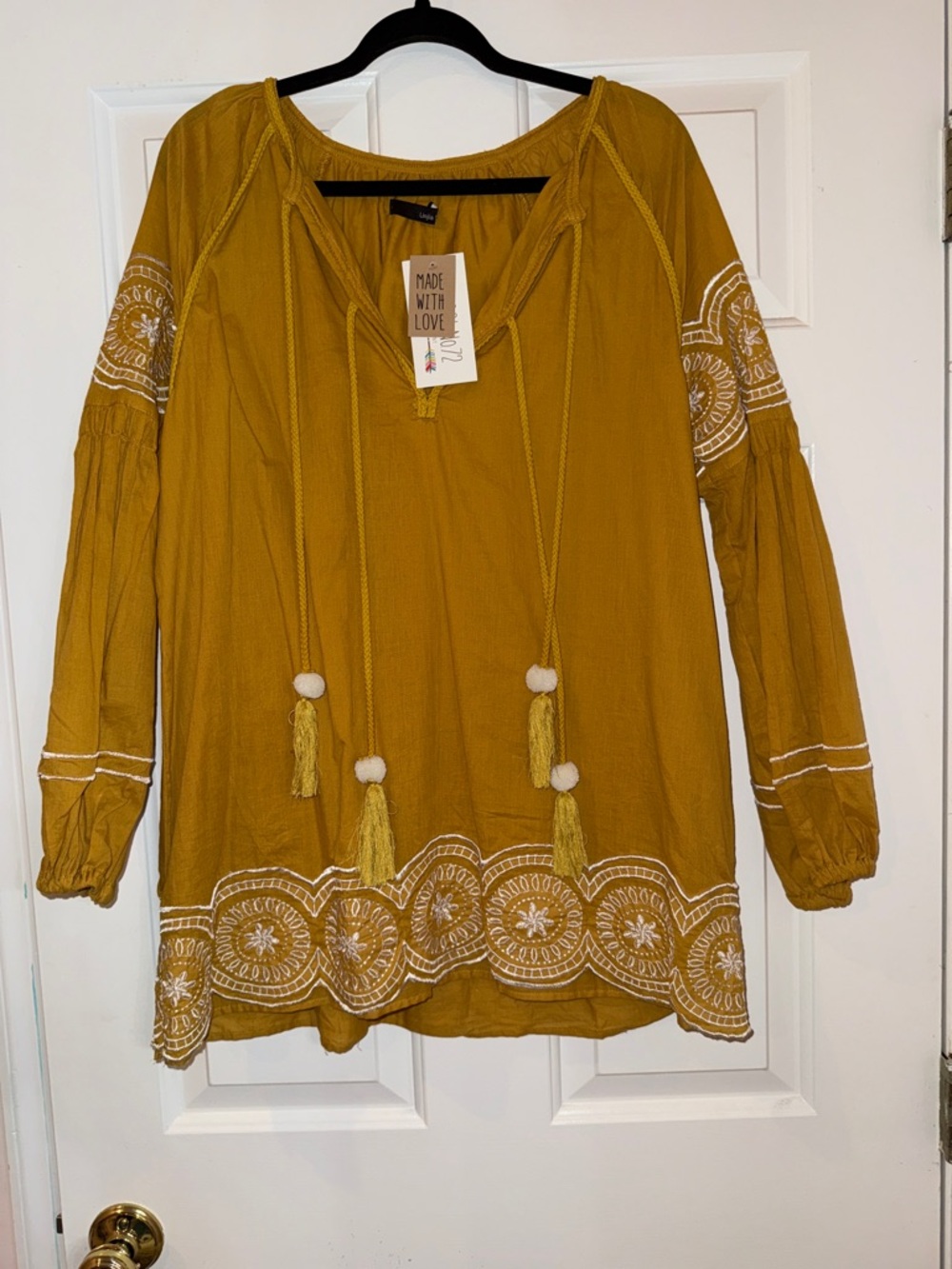 Handmade Mustard Embroidered Peasant Tunic - Women's